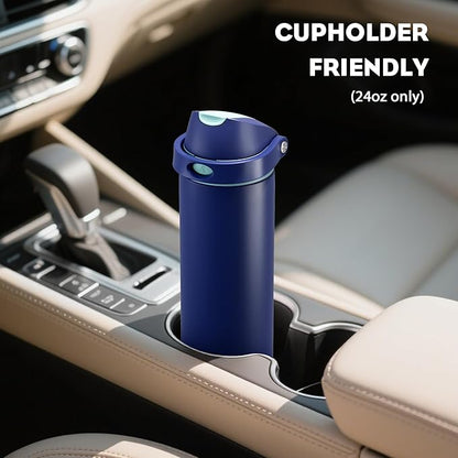 POWCAN 24 oz Insulated Stainless Steel Water Bottle: 2-in-1 Push-Button Spout & Quick-Flip Straw, Leakproof, Cold 24 Hrs, Fits Car Cup Holder, Sports Bottle for Travel, Gym, School Gift (Wit & Wings)