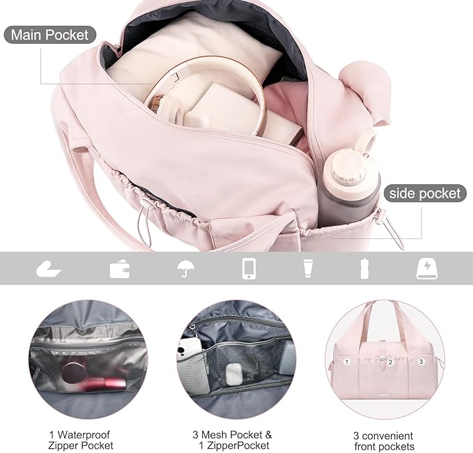 MOSISO Gym Bag for Women, Travel Duffle Weekender Overnight Workout Carry on Small Tote Sport Gym Duffle Bag with Shoe Compartment&Wet Pocket&Drawstring Pocket for Fitness, Yoga, Weekend, Pink