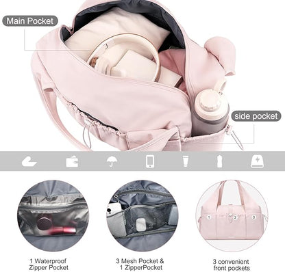 MOSISO Gym Bag for Women, Travel Duffle Weekender Overnight Workout Carry on Small Tote Sport Gym Duffle Bag with Shoe Compartment&Wet Pocket&Drawstring Pocket for Fitness, Yoga, Weekend, Pink