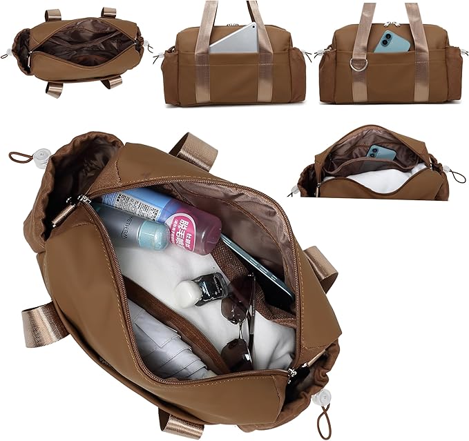 Everyday Mini Gym Bag for Women 2.0, Small Tote with Zipper Compartment Waterproof Travel Duffle Cute Handbag Workout Carry On with Removeable Shoulder Strap & Coin Wallet Easy to Clean - Brown