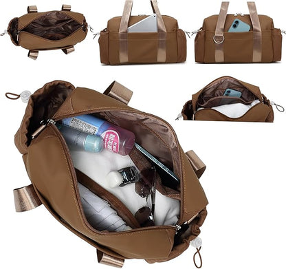 Everyday Mini Gym Bag for Women 2.0, Small Tote with Zipper Compartment Waterproof Travel Duffle Cute Handbag Workout Carry On with Removeable Shoulder Strap & Coin Wallet Easy to Clean - Brown