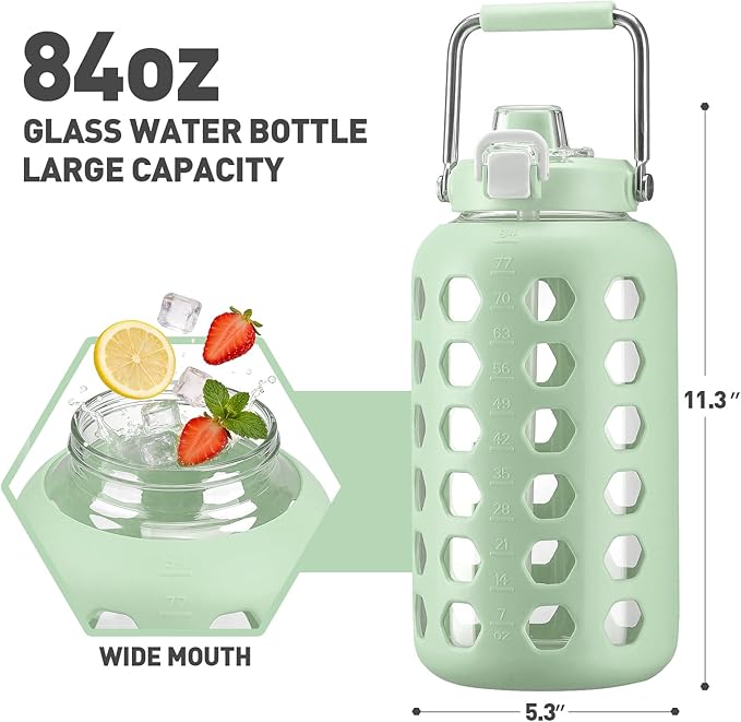 MUKOKO 84 oz Glass Water Bottles,2.5 Liter Gallon Drinking Bottle with Handle,Large Glass Water Jug with Silicone Sleeve for Gym Sports,Time Marker,Wide Mouth,Green