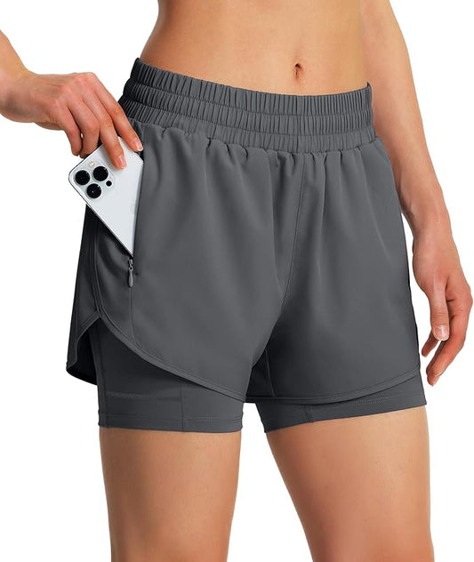 Ksmien Women's 2 in 1 Running Shorts Quick Dry Athletic Gym Workout Shorts with Liner Phone Pockets