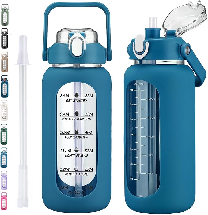 kytffu 64oz Glass Water Bottles with Straw, Half Gallon Motivational Glass Bottle with Silicone Sleeve and Time Marker, 2L Leakproof Large Glass Water Jug for Gym Home Office,Iron Blue