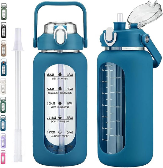 kytffu 64oz Glass Water Bottles with Straw, Half Gallon Motivational Glass Bottle with Silicone Sleeve and Time Marker, 2L Leakproof Large Glass Water Jug for Gym Home Office,Iron Blue