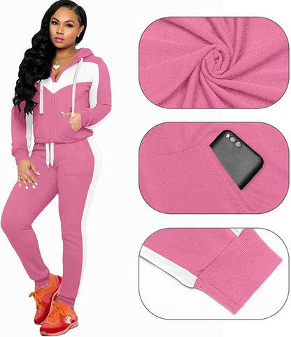CLOCOR Track Suits for Women Set - Casual 2 Piece Outfits Sweatsuit Pocket Hoodies Long Sleeve with Patchwork Pants Set