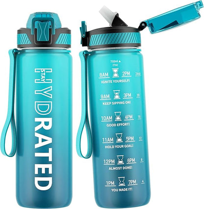 Water Bottle with Straw, 27oz Motivational Water Bottles with Time Marker to Drink, Tritan BPA Free, 750ml Sports Water Bottle with Carry Strap LeakProof for School Fitness Outdoor (1Pack)