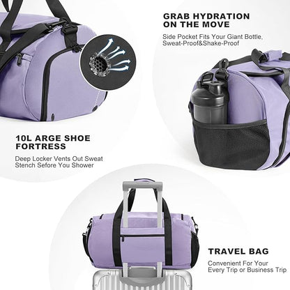 Gym Bag for Men Women With Shoe Compartment & Wet PocketWater Resistant Sports Gym Bag 、shoulder bag、messenger bag Carry On Duffel Bag forWeekend Overnight Traveling (Purple)