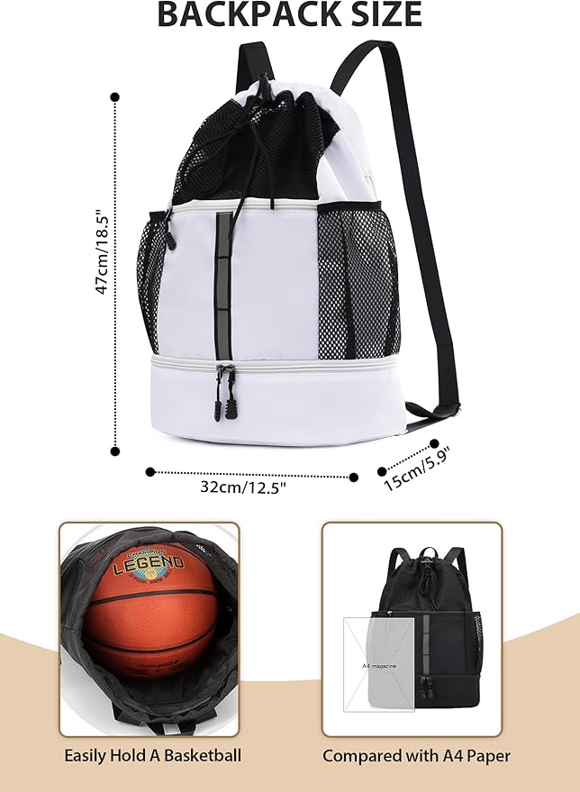 U.helper Waterproof Gym Drawstring Backpack, Sports Sack with Shoes Compartment & Wet Pockets for Ball/Beach/Swim Training