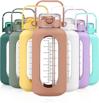 74 oz Glass Water Bolttles with Straw Large Motivational Water Bottle with Time Marker Sports Water Bottles with Silicone Sleeve and Handle Lid 2.2L Water Jug for Gym Workout