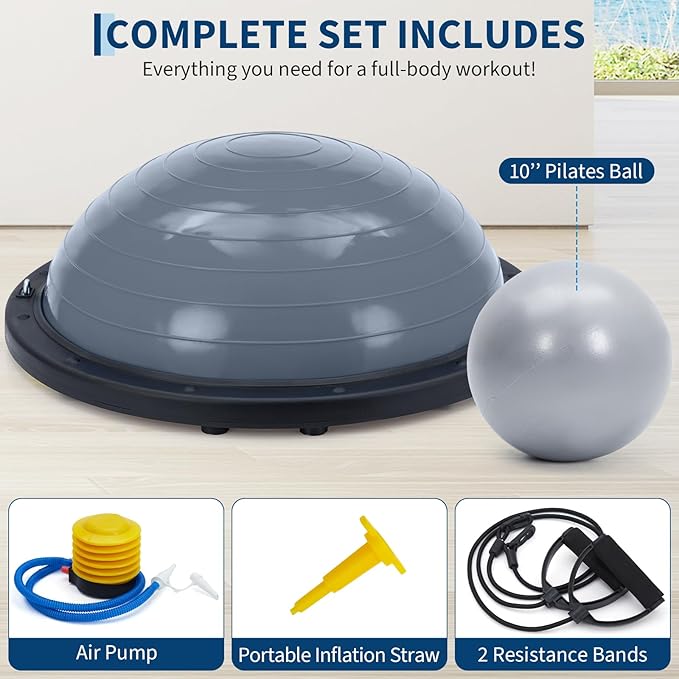 1 Pack PVC 23 Inch Yoga Half Ball with ABS Base Stability Ball - 6 Non-Slip Feet, 30 Inch Resistance Bands, Anti-Skid Yoga Ball, Adjustable Resistance Bands