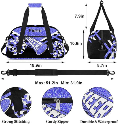 Personalized Gymnastics Cheer Bag Names for Girls Teens, Custom Name Sport Fitness Duffle Gym Training Bag Travel Weekender Lightweight Bags, Light Blue Glitter Black