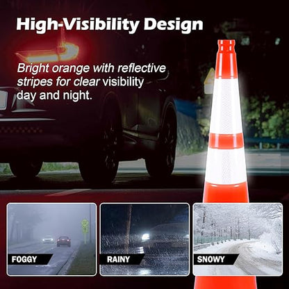 4 Pack 36 Inch Orange PVC Traffic Cones Black Base Stable Large Size, Highway Traffic Outdoor Construction Safety Warning Cones (4, Orange, 36 Inch)