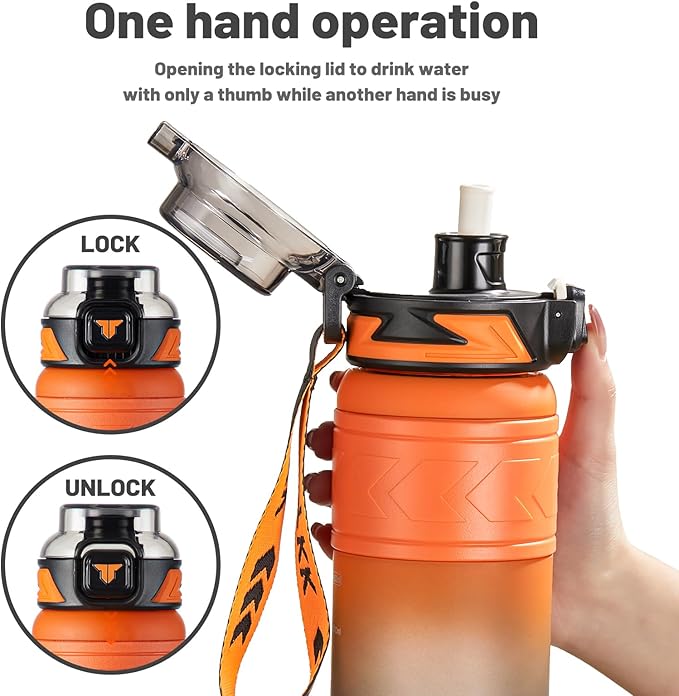 TKK Sports Water Bottles with Removable Straw 29 oz Leak-proof Flip Top Lid BPA Free Tritan Bottles with Strap for School, Fitness, Gym, Outdoor, Orange-Black