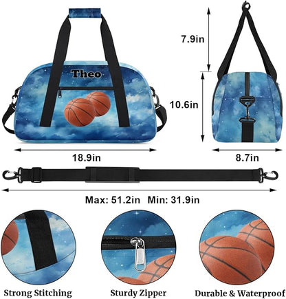 Custom Basketball Sports Bag for Men Boys, Personalized Sport Bag Travel Overnight Small Duffel Bag Gymnastics Workout Sleepover Overnight Bag, Watercolor Blue Galaxy Starry Sky