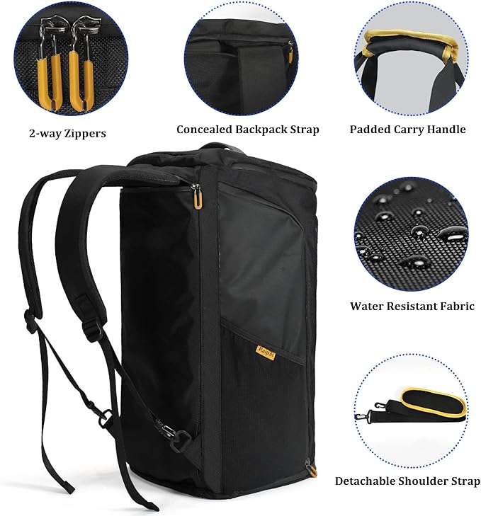 Gym Duffle Bag for Men Women, Travel Duffel Bag Backpack with Shoe Compartment & Wet Pocket, 50L Waterproof Sports Overnight Weekender Bag with USB Port, Black