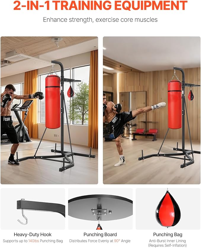 VEVOR 2 in 1 Punching Bag Stand, Steel Heavy Duty Workout Equipment, Adjustable Height Boxing Punching Bag and Speed Bag Stand, Freestanding Sandbag Rack, Holds Up to 140 lbs, for Home Gym Fitness