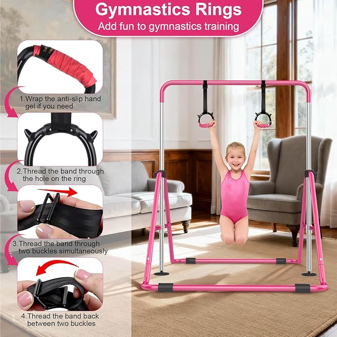 SHIWEI Gymnastics Bar for Kids, Foldable Gymnastic Bar with 5 Adjustable Height, Expandable Training Equipment for Indoor/Outdoor