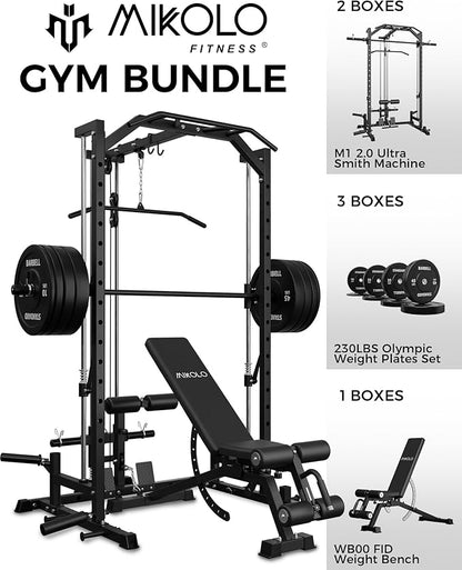 Mikolo Smith Machine Home Gym Power Cage (1:1 Ratio Strength Trainer) (Space Saving Design) (with 8 Free Attachments) Squat Rack for Full Body Training
