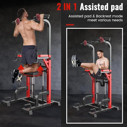 Pooboo Power Tower Dip Station Pull Up Bar for Fitness Home Gym Workout,450 Pounds Multi-Function Adjustable Height Fitness Strength Training Exercise Equipment,with Power Elastic Ropes
