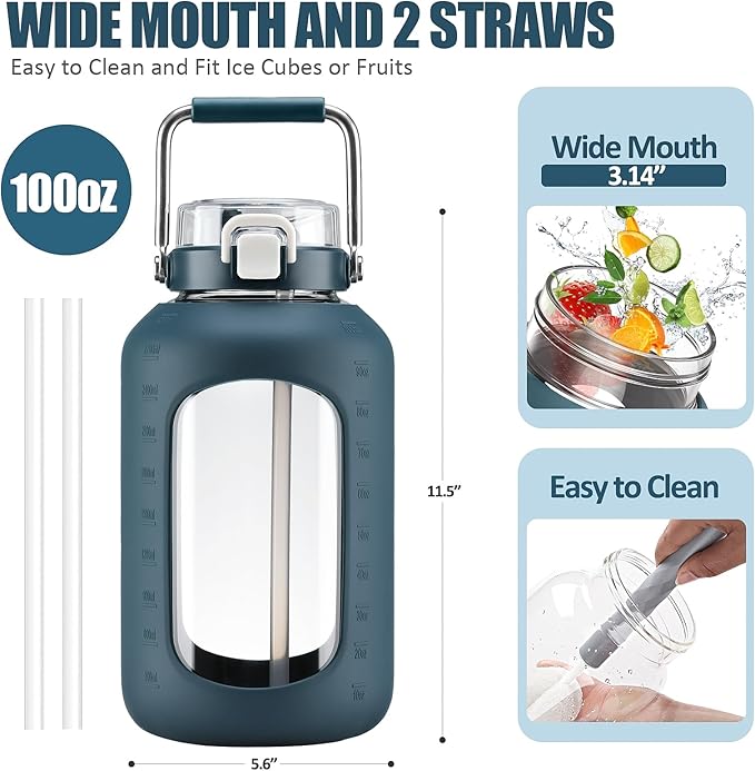 Large Glass Water Bottles with Stainless Steel Handle,100 oz Gallon Drinking Bottle with 2-in-1 Straw Lid,3 Liter Glass Water Jug with Silicone Sleeve,Wide Mouth,Dark Blue