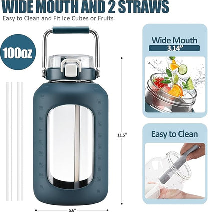 Large Glass Water Bottles with Stainless Steel Handle,100 oz Gallon Drinking Bottle with 2-in-1 Straw Lid,3 Liter Glass Water Jug with Silicone Sleeve,Wide Mouth,Dark Blue