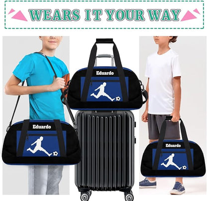 Custom Sports Gym Football Duffel Bag for Boys, Personalized Gym Bag Sports Travel Bag Tote Training Carry On Weekend Sports Travel Bag, Playing Soccer Blue and Black Background