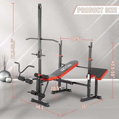 1500LB 8 IN 1 Weight Bench with Lat Pulldown and Leg Extension/Curl, Foldable Bench Press with Preacher Curl & Rack, Workout Benches with Safety Bar Catches for Home Gym(US Stock)
