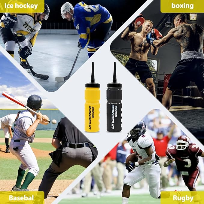 UICE Hockey Water Bottle 25.3oz 2 Pack - Leakproof Sport Water Bottles with Short/Long Nozzle Lids for Hockey/Lacrosse/Baseball/Softball/Football/Fitness,Yellow