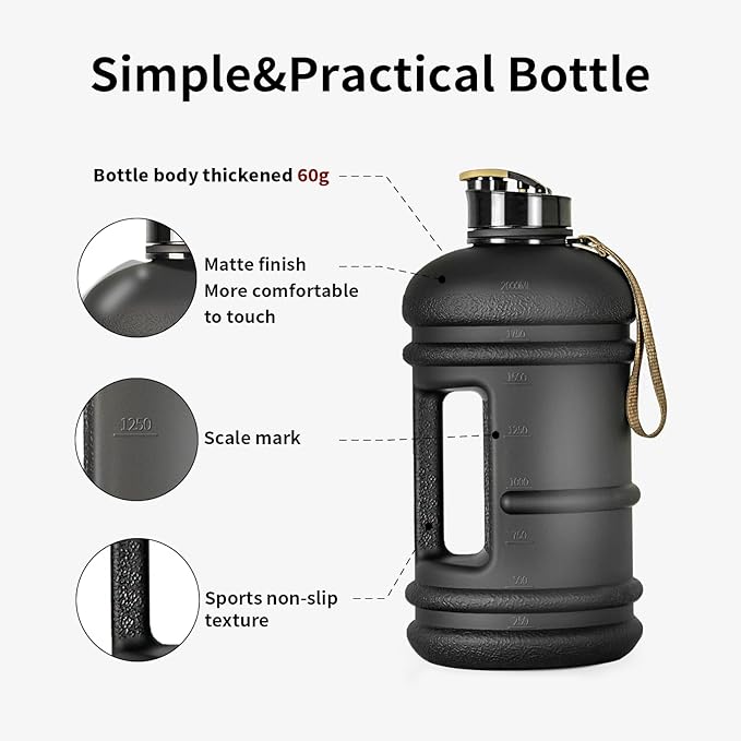 TOOFEEL 2 Liter Water Bottles - Half Gallon Water Bottle BPA Free - Ideal for Gym, Big Water Jug, Reusable Sports Bottle with Measurements Marked Drink Container (2.2L 74oz Matte Black Water Jugs) | Half Gallon, Water Bottle, BPA Free, Ideal for Gym, B...