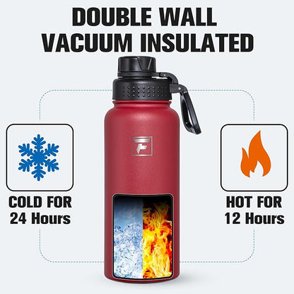 Fanhaw 32 oz Insulated Water Bottle – Portable Stainless Steel Flask with 3 Lids (Straw, Spout, Carabiner) | Leakproof, for Gym, Hiking, Work, Travel & Everyday Use (Red)