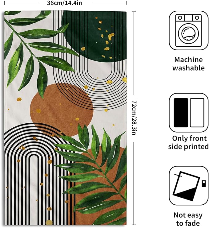 Boho Leaves Hand Towels Mid Century Kitchen Towels 2 Pack Bohemian Fingertip Towel Vintage Leaf Decorative Ultra Absorbent Microfiber Fingertip Towel for Kitchen Bathroom Face Towel