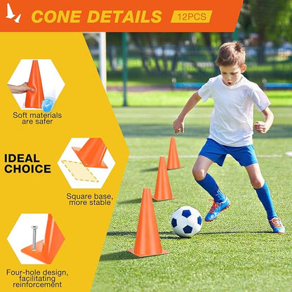 12 Inch Durable Cones,12pcs Versatile Plastic Traffic Cones and Soccer Cones for Sports Training,Agility Drills,Parking Safety,Basketball Training,Football Training.