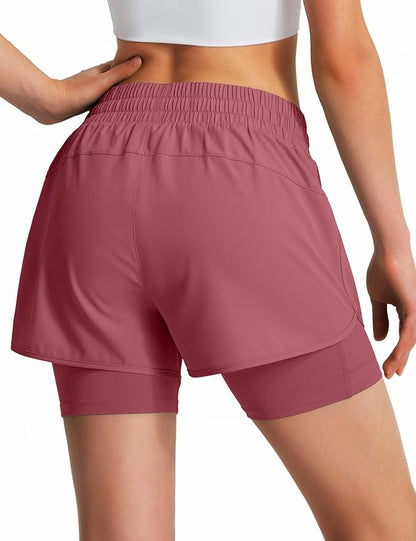 Ksmien Women's 2 in 1 Running Shorts Quick Dry Athletic Gym Workout Shorts with Liner Phone Pockets