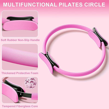 Pilates Ring Equipment Set, Home Pilates Kit for Women with 13’’ Magic Ring with Dual Padded Handles, Small Pilates Ball, 5 Resistance Bands & Complete Fitness Guide, Pilates Essential Accessories