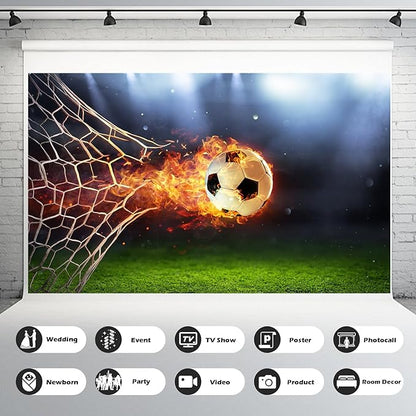 Fiery Soccer Ball in Goal Background for Photography Sports Game Party Birthday Party Backdrop Fire Football Green Glass Net Backdrop Decor for Children Adults Sports Club Photo Props 20x10ft