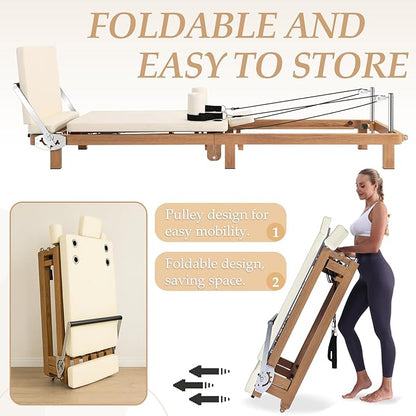 Foldable Pilates Reformer & Pilates Square Box Set–90% Pre-Assembled Home Gym Women Men Workouts Bundle, Dual Resistance System (Springs + Latex), Jumpboard & Adjustable Foot Bar for All Levels