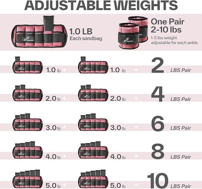 Sportneer Adjustable Ankle Weights Set - 1 Pair (2-10 lbs) Removable Sandbags for Women & Men, Comfortable Neoprene Leg Weights for Walking, Running, Pilates, Yoga, Home Workout & Physical Therapy