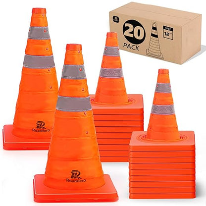 RoadHero 18 Inch 20 Pack Collapsible Traffic Safety Cones, Multi Purpose Pop-up Cones with Reflective Collar for Road Safety, Orange Cones for Driving Training, Parking Lots