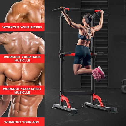 ZENOVA Pull Up Bar Dip Bar Power Tower Workout Dip Station Height Adjustable Free Standing Chin Up Bar for Men Women Teens 300LBS Weight Capacity