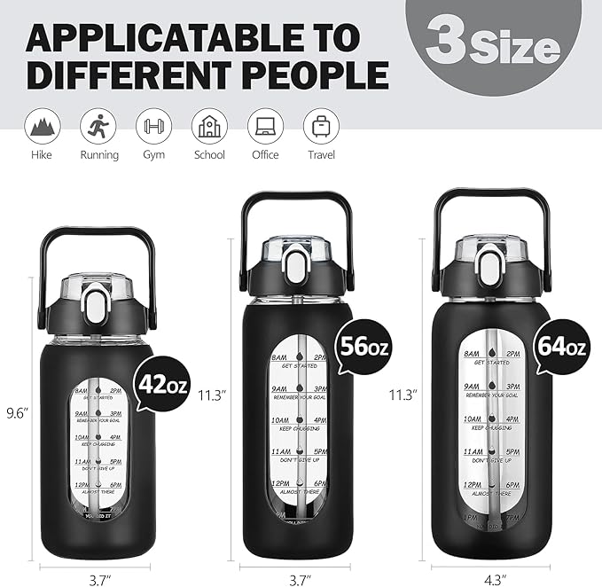 kytffu 42oz Glass Water Bottles with Straw, Motivational Glass Bottle with Silicone Sleeve and Time Marker, Leakproof Large Glass Water Jug for Gym Home Office,Black