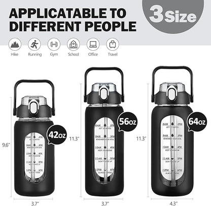 kytffu 42oz Glass Water Bottles with Straw, Motivational Glass Bottle with Silicone Sleeve and Time Marker, Leakproof Large Glass Water Jug for Gym Home Office,Black