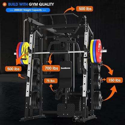 SunHome Smith Machine, Power Cage Squat Rack with Smith Bar, LAT Pull-Down Systems, Cable Crossover Machine and Cable Attachment for Home Gym