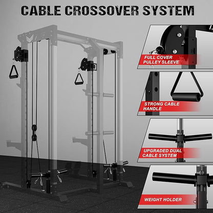 C21 Power Cage, 2000LBS Multi-Function Power Rack with Independent Dual Pulley System, All-in-One Squat Rack for Cable Crossover, Home Gym Workout Machine with More Training Attachments