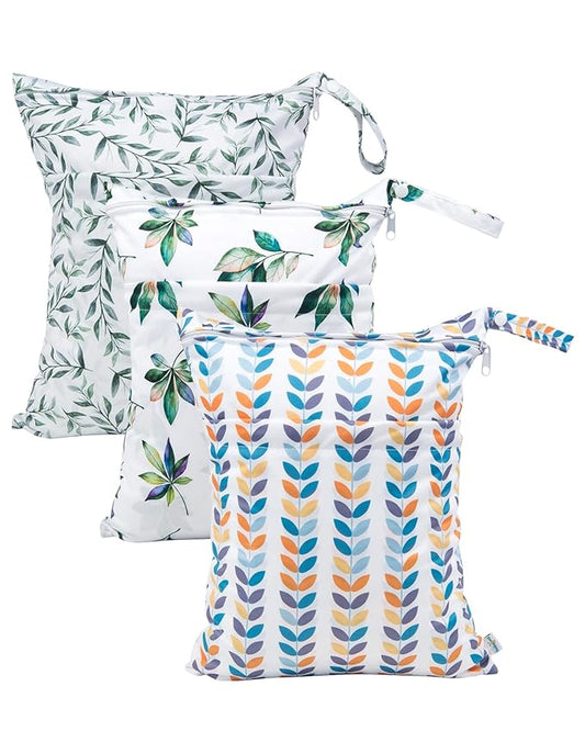 babygoal Wet Dry Bags for Baby Cloth Diapers, Washable Travel Bags, Beach, Pool, Gym Bag for Swimsuits & Wet Clothes with Two Zippered Pockets 3 Pack 3LN08