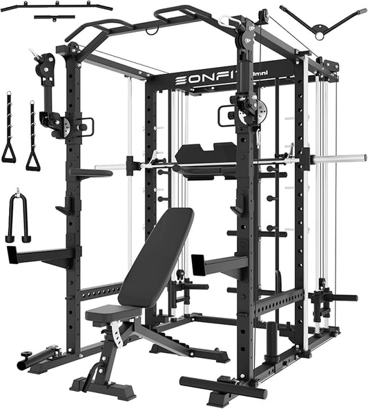 Eonfit E5 Smith Machine with Vertical Leg Press, Power Cage Squat Rack with LAT-Pull Down Cable Crossover Rotating Arms System Home Gym Equipment All in One