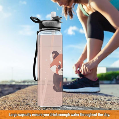 Fustylead Cute Flat Red Panda 32oz Water Bottle with Straw, Leakproof Clear Sport Water Bottles for Gym Camping Hiking Travel