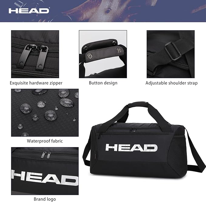 HEAD 45L Waterproof Gym Duffle Bag for Men, Large Capacity Sports Bag with Shoe Compartment & Dry Wet Pocket, Durable Crossbody Weekender Bag for Tennis, Workout, Fitness, Overnight Travel