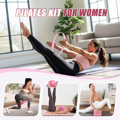 Pilates Kit for Women, 13.7in Silicone Pilates Ring with 5 Resistance Bands, 1 Yoga Ball, 1 Yoga Block, 2 Core Sliders, Video Guide for Full Body Home Workouts