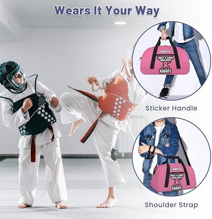 Custom Name Taekwondo Karate Duffle Bag for kids Girls - Personalized Martial Arts Gear Bag, Water-Resistant Sparring Equipment Bag, Karate Pink